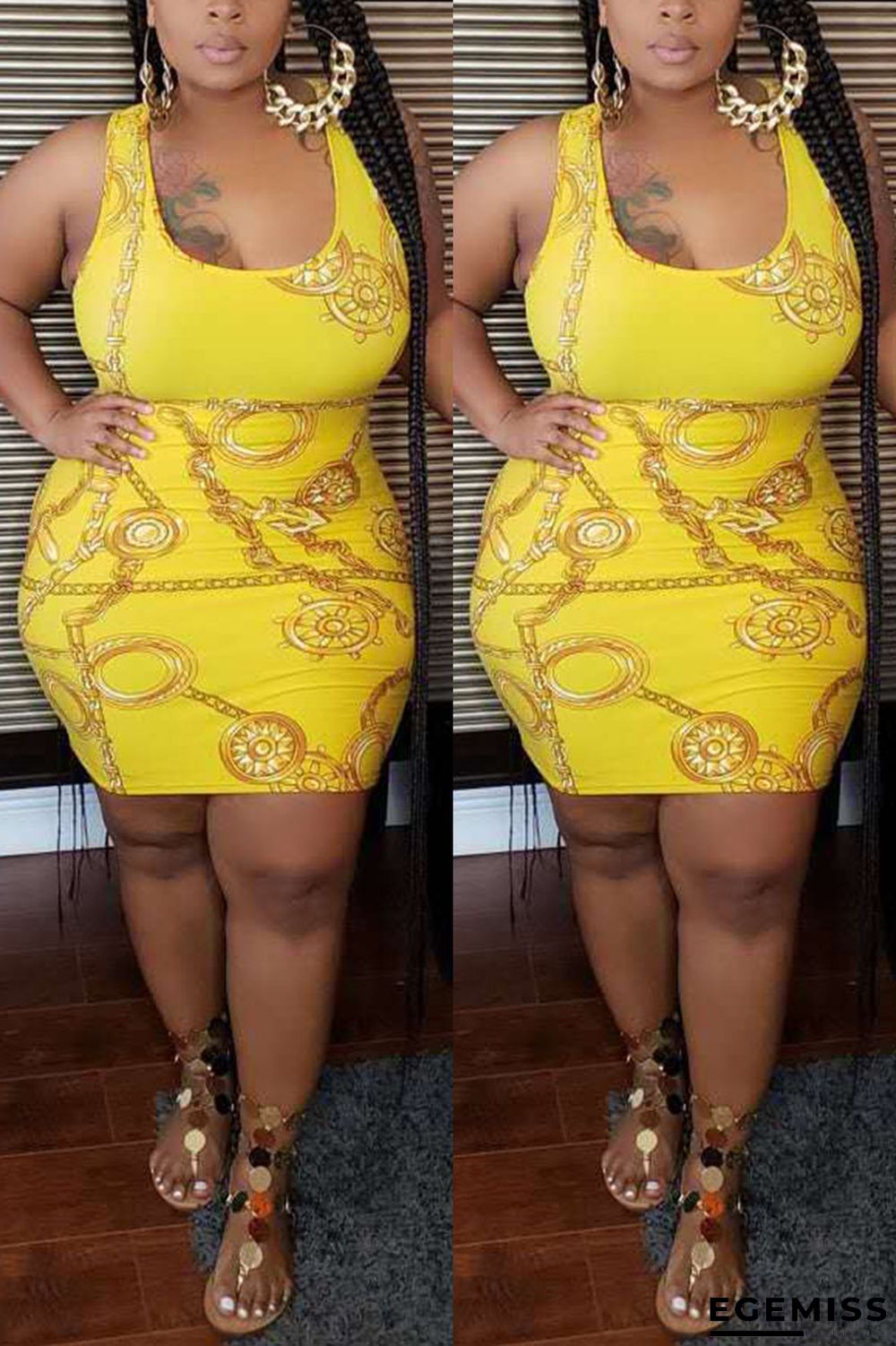 Yellow Sexy Fashion Print Plus Size Sleeveless Dress | EGEMISS