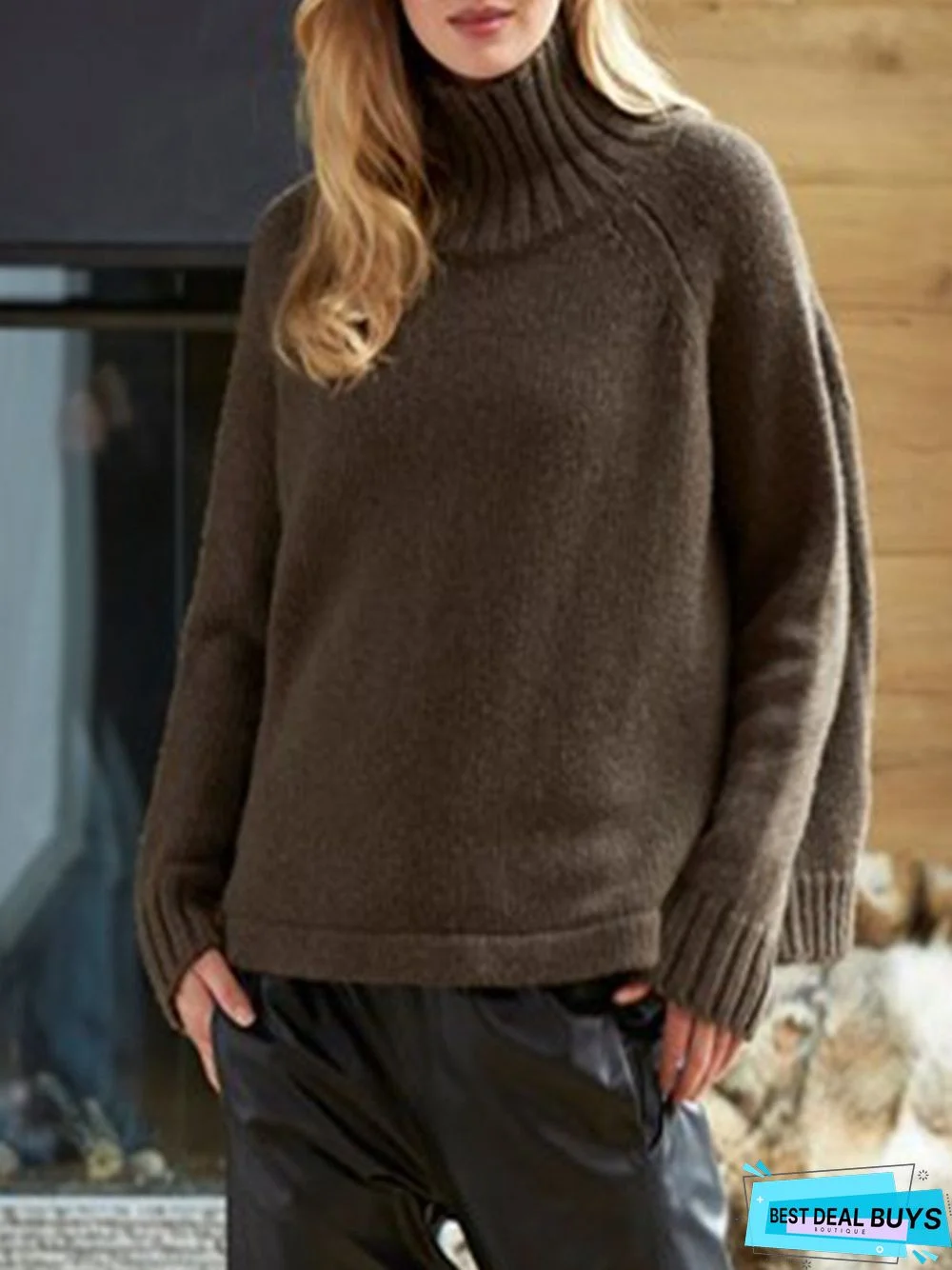 Black-Brown Solid Turtleneck Knitted Long Sleeve Plus Size Sweater