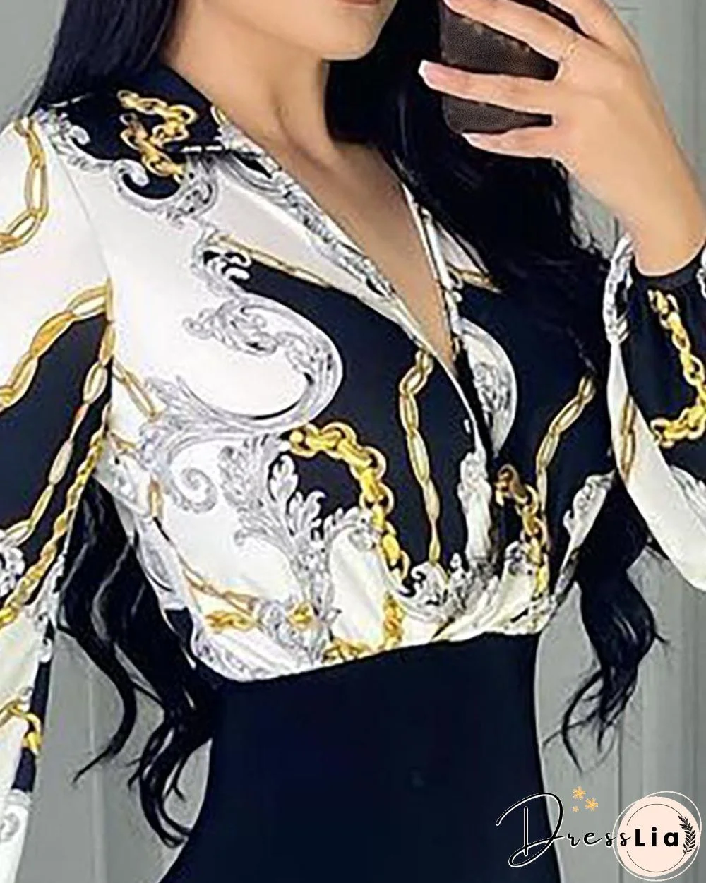 Scarf Chain Print Lantern Sleeve Wrap Dress P14535
