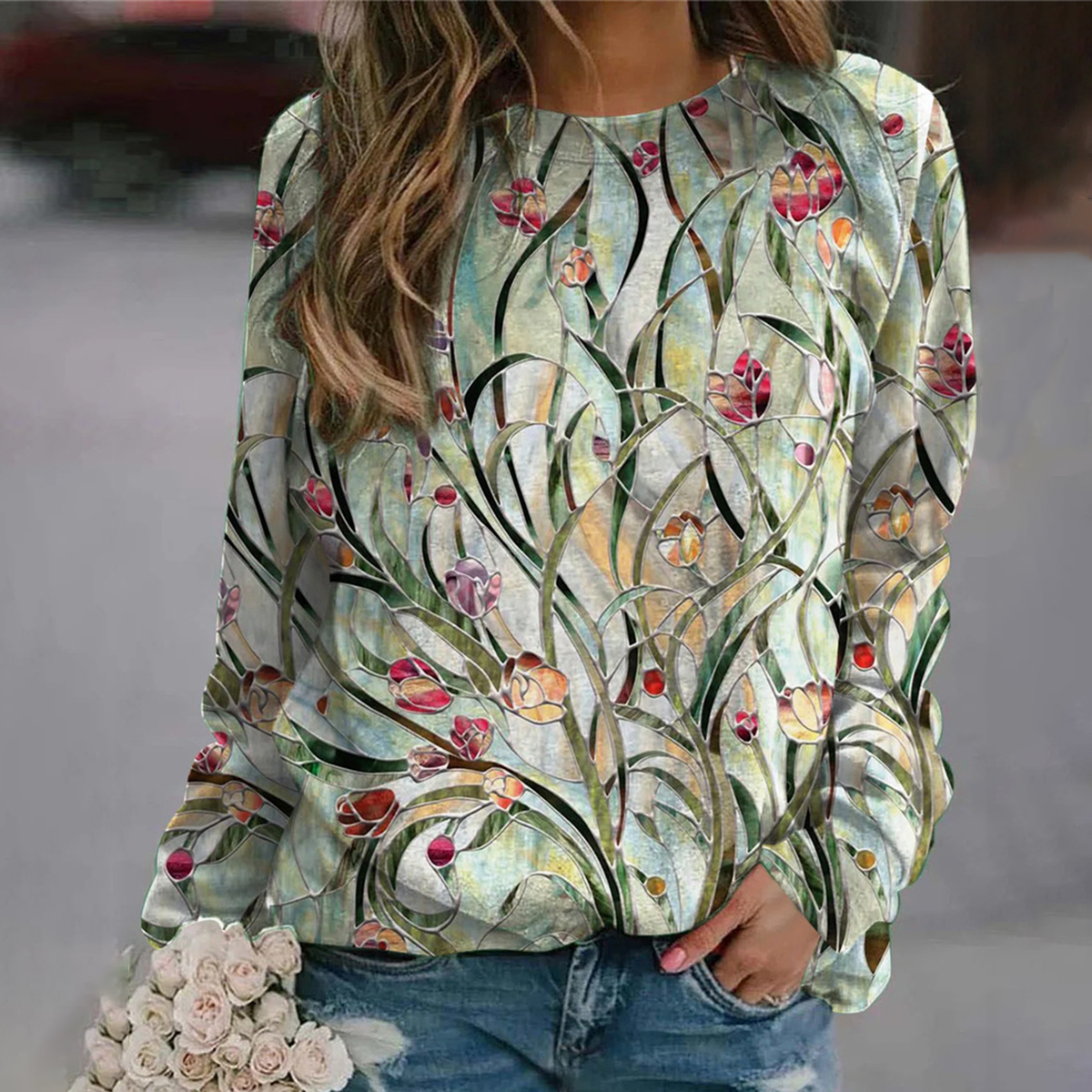 Flower print round neck long-sleeved sweatshirt wearshes