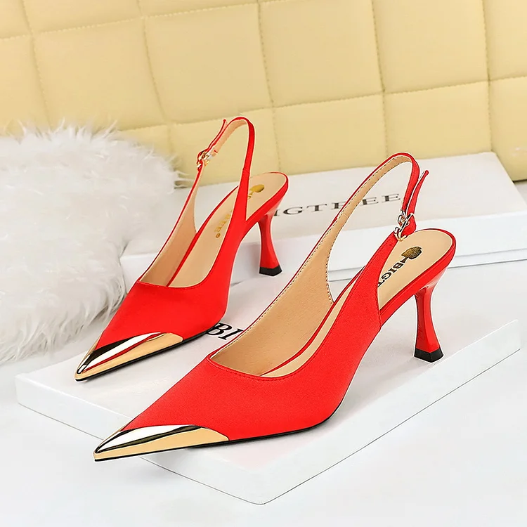 BIG TREE SHOES 3716-5 European and American Sexy Banquet Women's Shoes Stiletto Heel Shallow Mouth Metal Pointed Toe Satin Hollow Back Strap Pumps