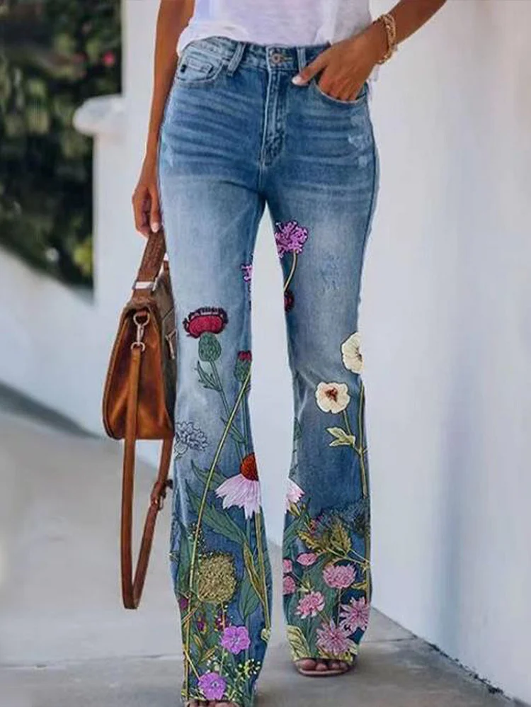 Buttoned High-rise Floral Flared Leg Jeans
