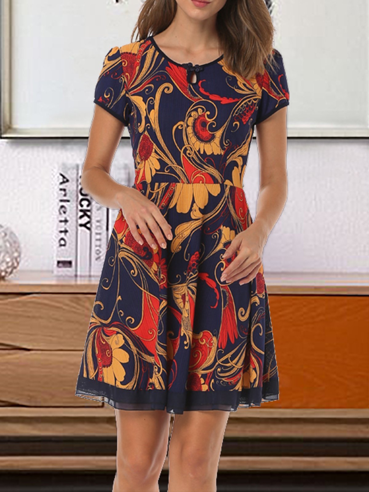 Short Sleeve Round Neck Floral Plus Sizes Dresses