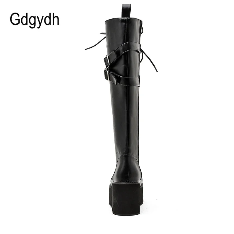 Gdgydh Fashion Women Boots Cross Strap PU Leather Autumn Winter Knee High Boots Ladies Thick Sole Platform Shoes Punk Gothic