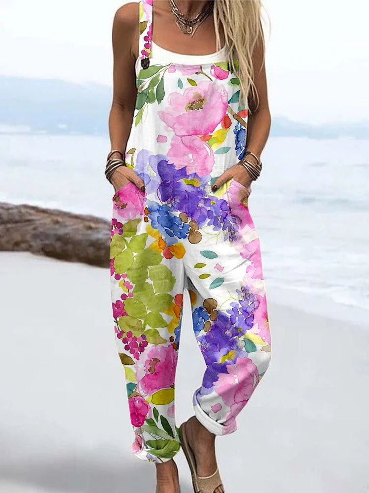 Wome'S Elegant Simple Watercolor Art Flowers Print Casual Cotton Wide Leg Jumpsuit