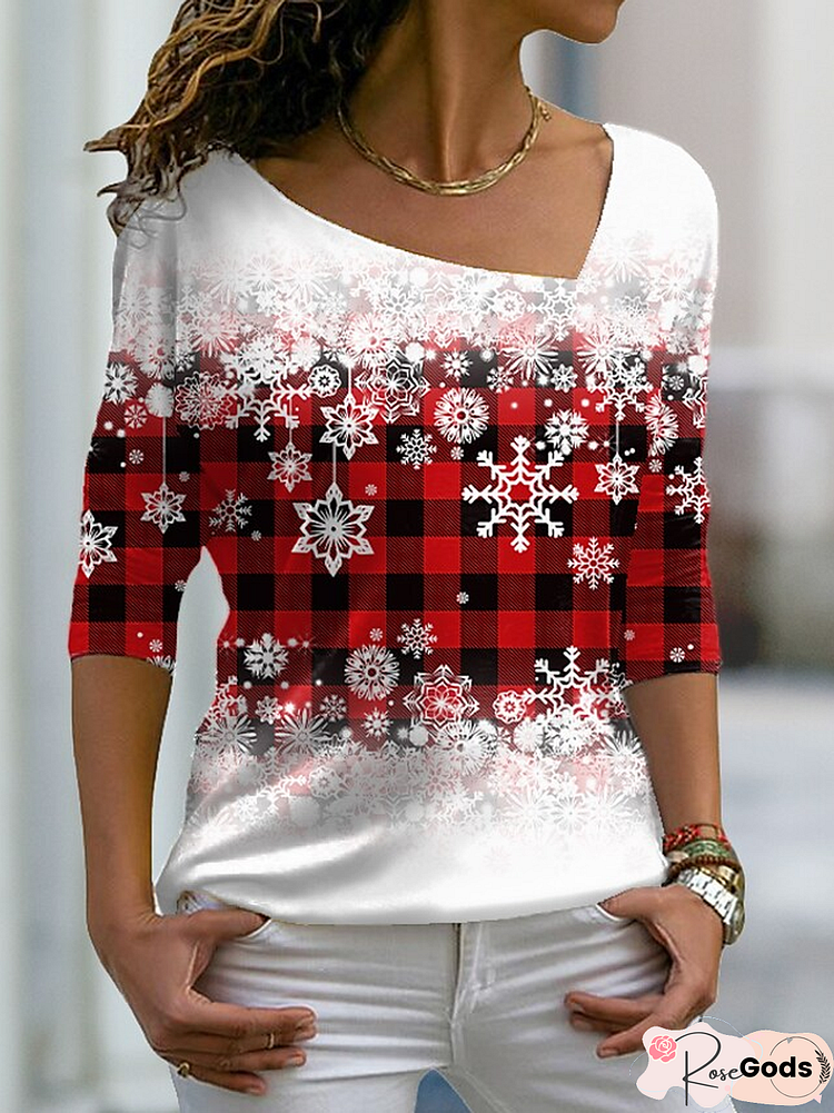 Christmas Snowflake Red Checked/Plaid V Neck T-Shirt