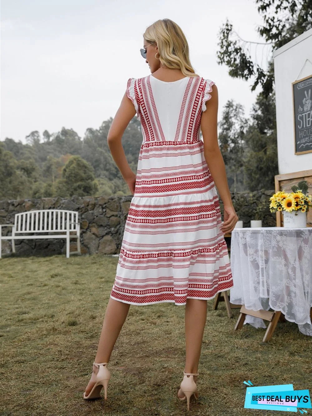 Bohemian V-Neck Pocket Striped Dress