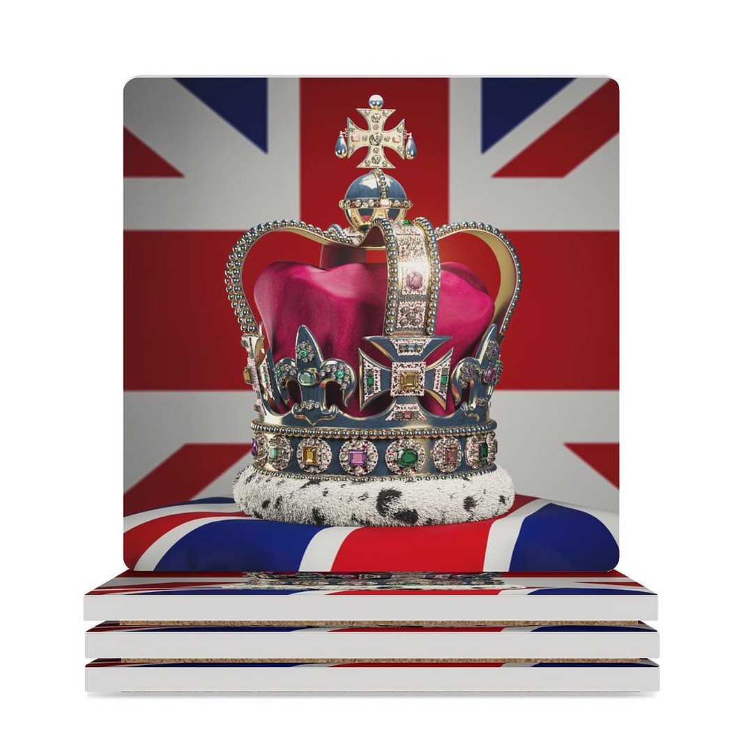 Elizabeth Royal Crown and British Flag Memorial Square Coasters 