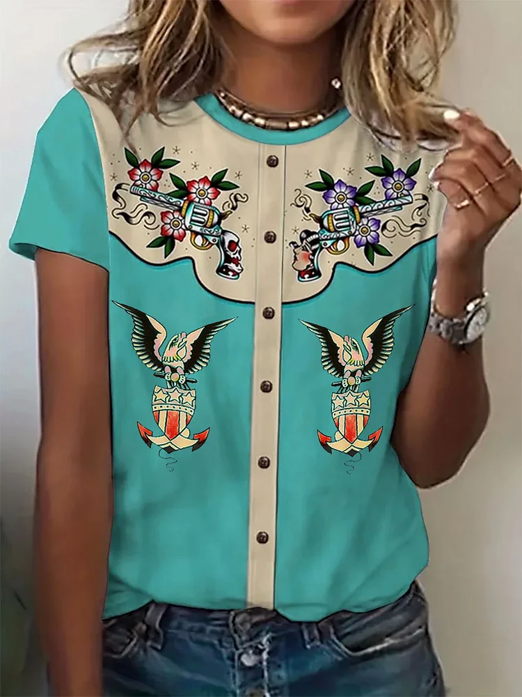 Cowgirl & Eagle O-Neck T-Shirt Tee - Green