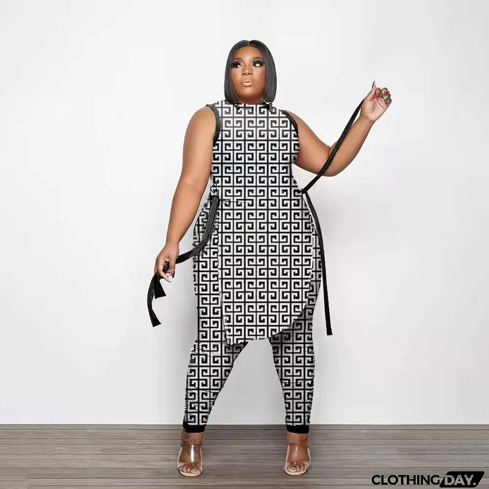 Plus Size Printed Split Sleeveless Top And Pants Set