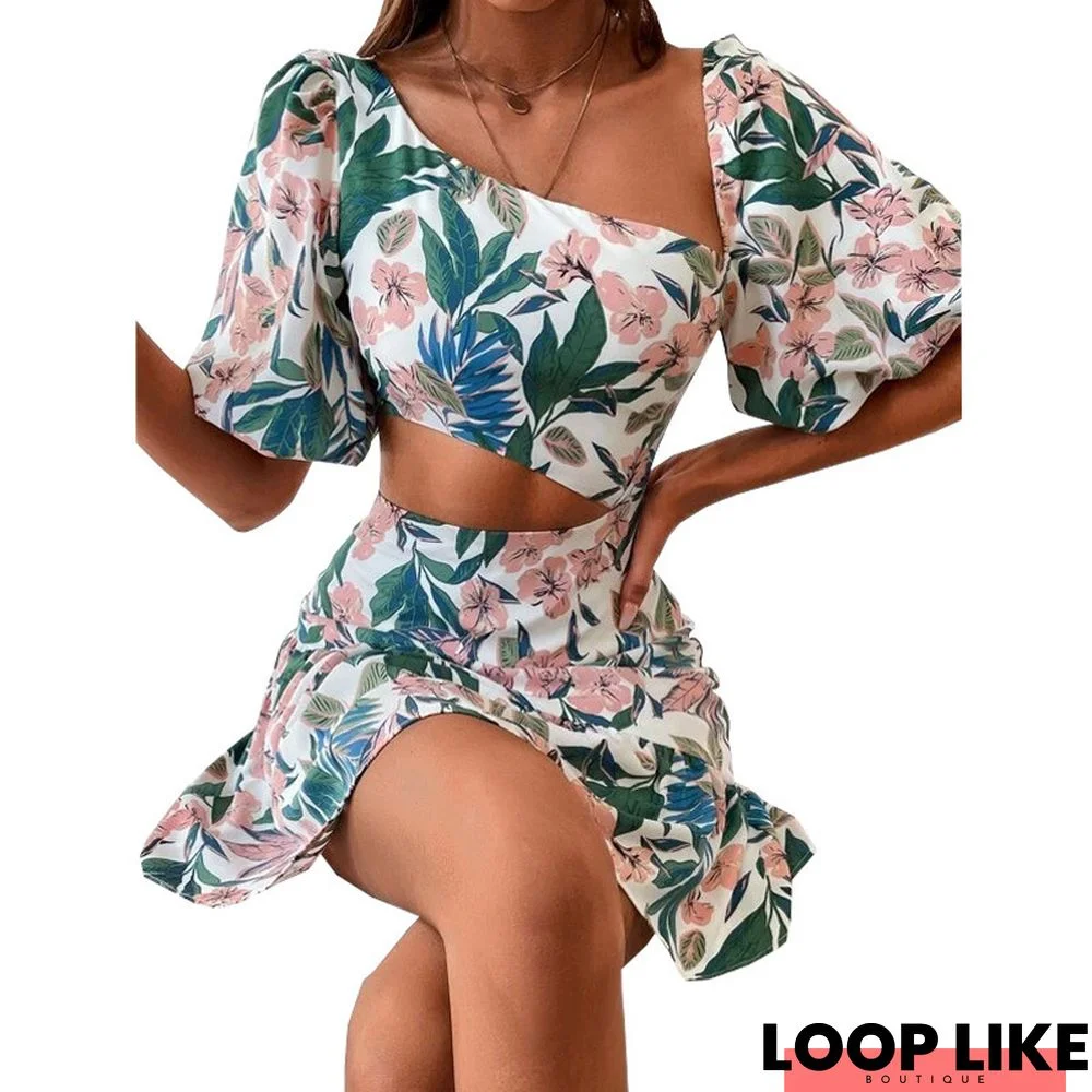 Summer Women's Large Size Floral Short Sleeve Two-Piece Suit Dress