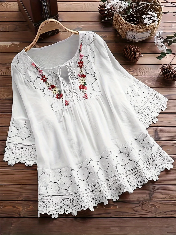 Summer Floral Lace Blouse | Women's Hollow Half Sleeve Pleated V-Neck Top, Loose Casual Beach Wear, Machine Washable