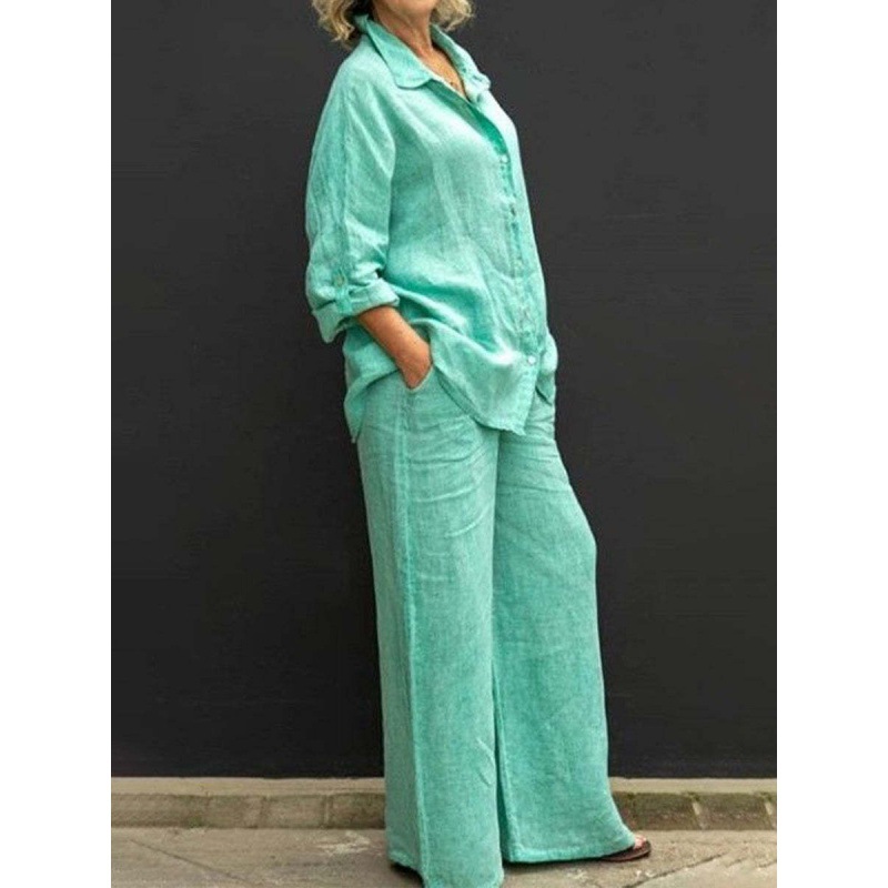 Wheelorx fairy dress short Solid Color Cotton Linen Shirt 2 Piece Set For Women Spring Autumn Long Sleeve Blouse Wide Leg Pants Suits Female Casual Outfits