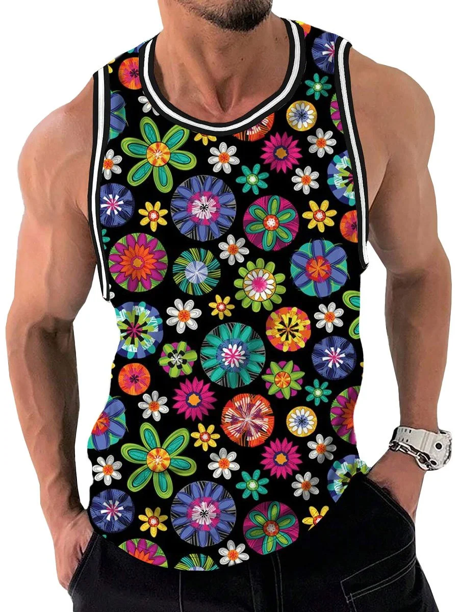 Men's Colorful Cartoon Floral Print Round Neck Casual Tank Top