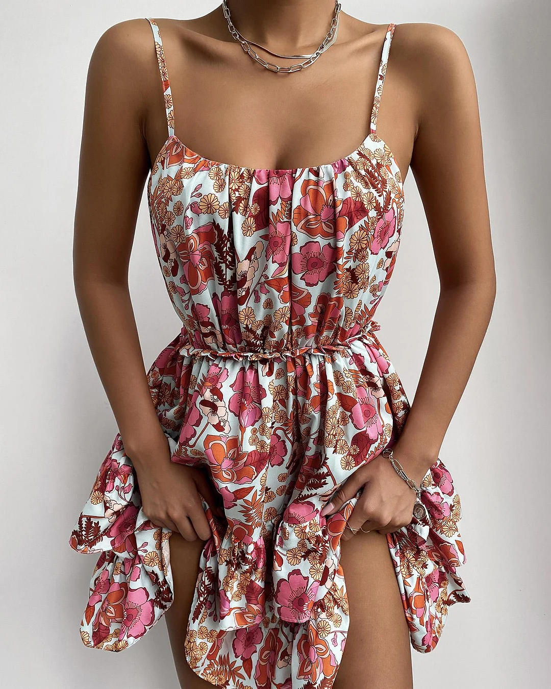 Floral Print Ruffle Hem Ruched Cami Dress