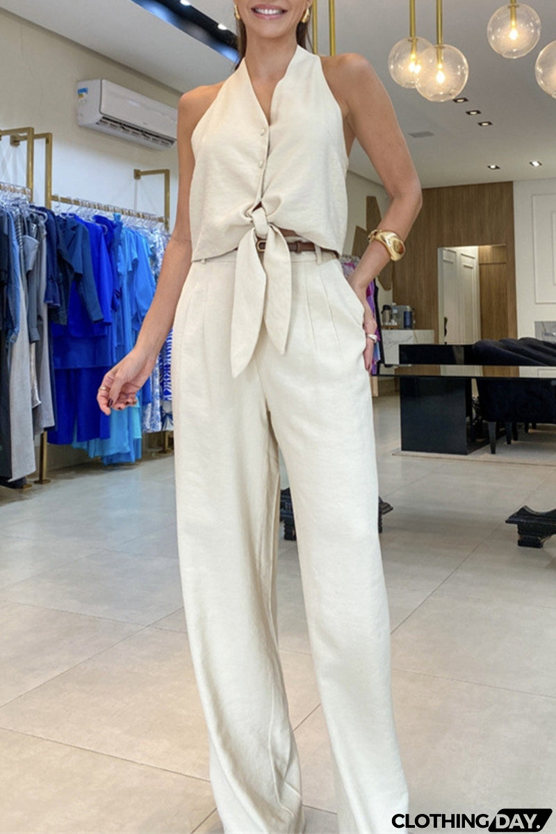 Casual British Style Solid Pocket Frenulum V Neck Sleeveless Two Pieces