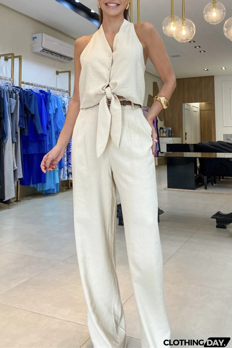 Casual British Style Solid Pocket Frenulum V Neck Sleeveless Two Pieces