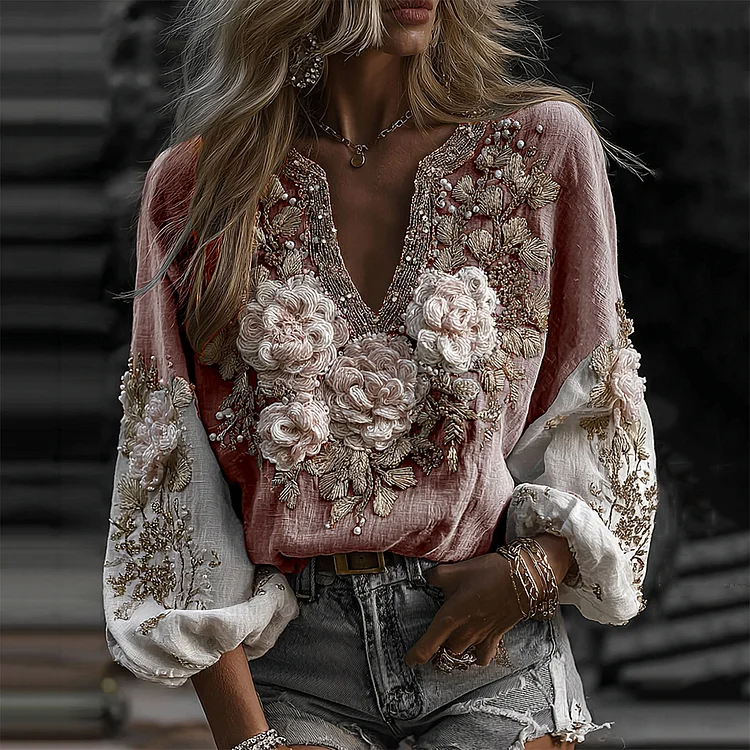 Women's Vintage Floral Art Comfy Long Sleeve Linen Blend T-shirt