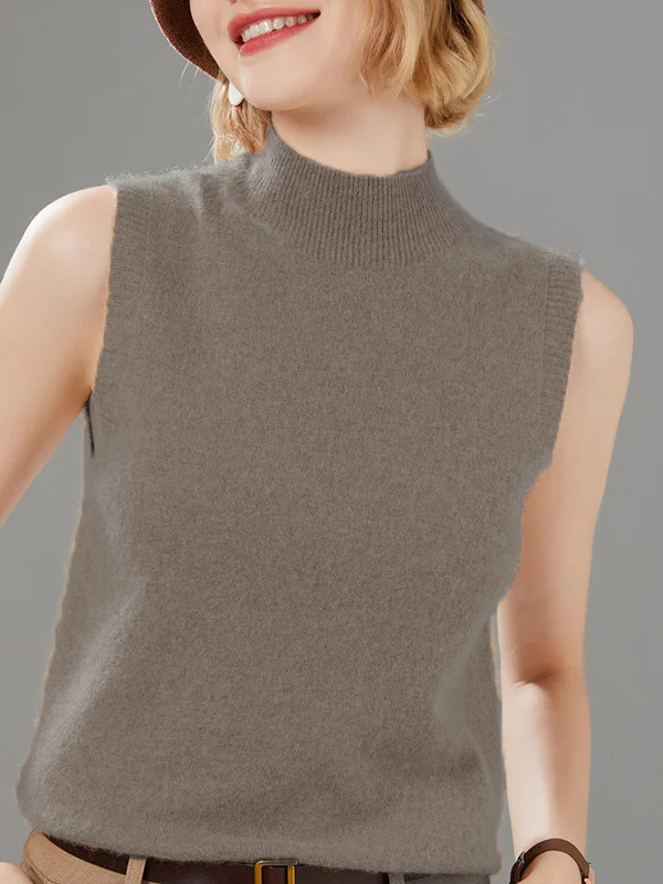 Stylish Wool Sleeveless Solid Color Half Turtleneck Vest Top