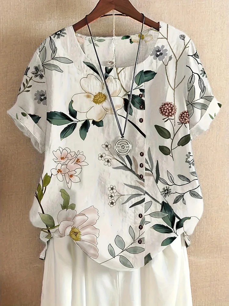 2025 Summer Retro Floral Print Loose Casual Shirt With Short Sleeves, Suitable For Women's Leisure Or Long Vacation Beachwear