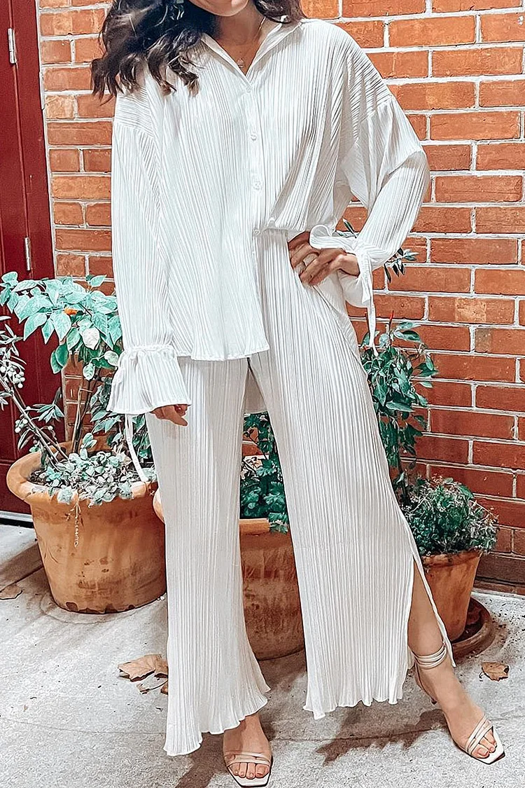 Turndown Colloar Long Flare Sleeve Button Up Blouse Pleated Slit Wide Leg Pants Matching Set