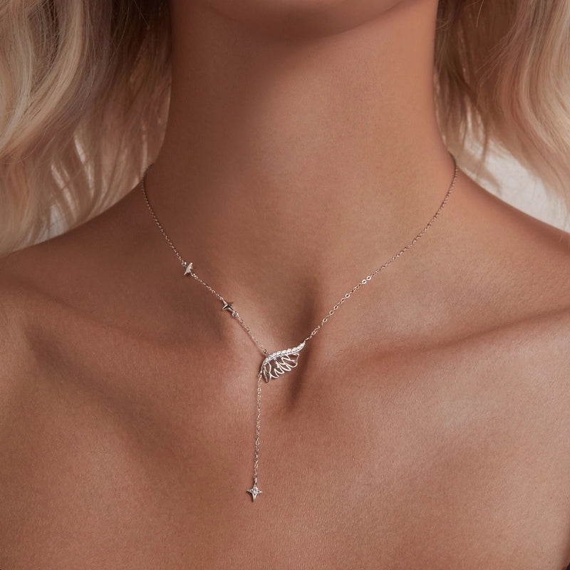 925 Sterling Silver Zircon Cable Chain Plating Feather Pendant Necklace