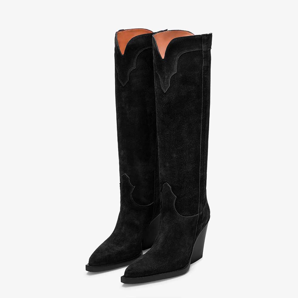 Black Pointed Toe Wide-Calf Knee High Boots with Chunky Heel Nicepairs