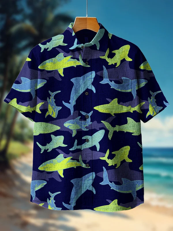 Men's Shark Patterned Print Short Sleeve Shirt