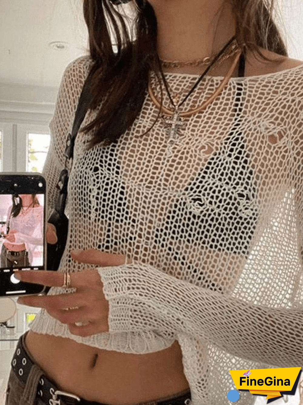 Distressed Crochet Knit Long Sleeve Crop Top