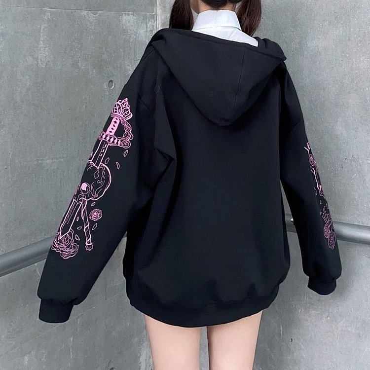 Rose Skull Printed Zip Hooded Sweatshirt - Gotamochi Kawaii Shop, Kawaii Clothes