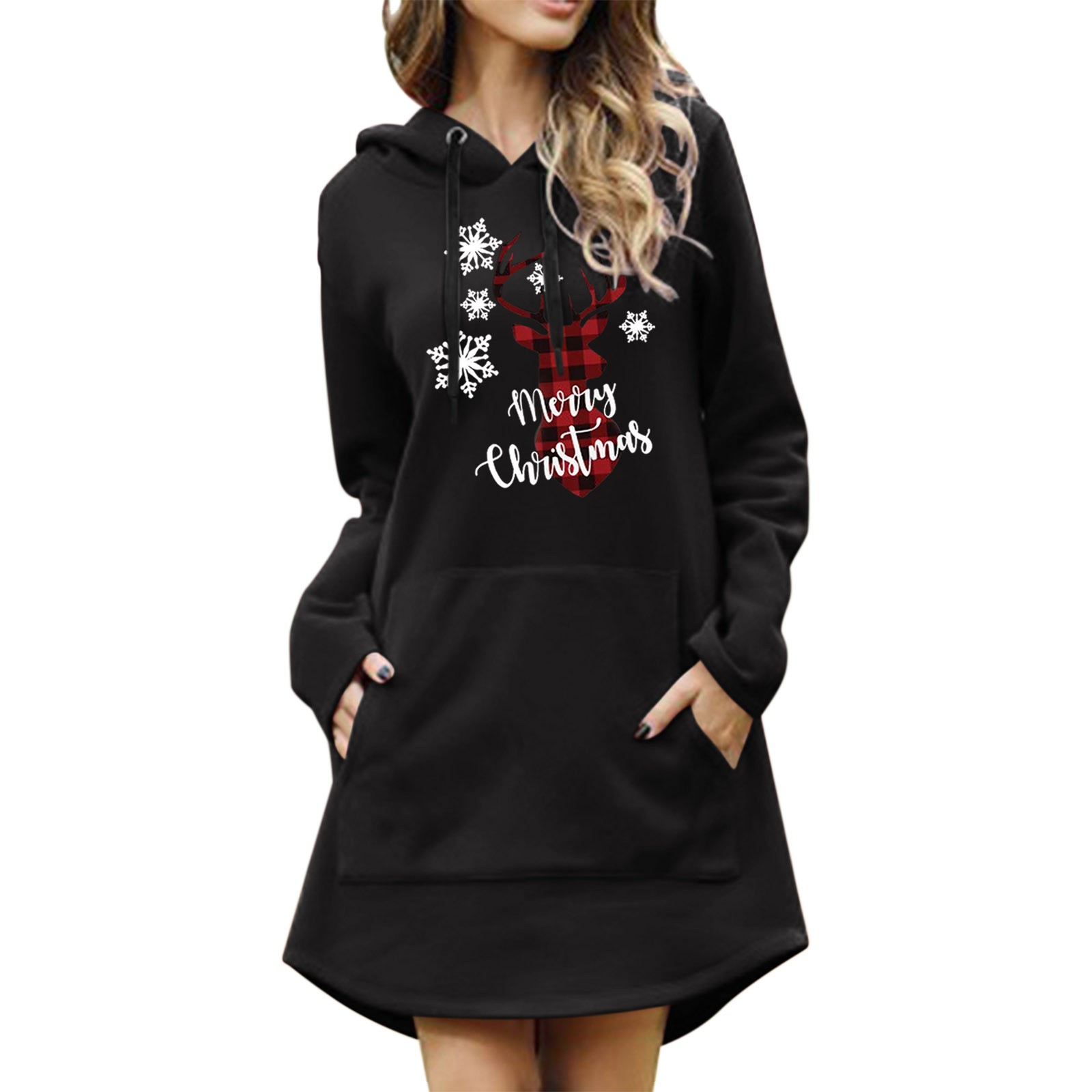 Lifesmybeach Women Christmas Hooded Dress Classic Fashion Festival Snowflake Printing Drawstring Hoodies Casual Autumn Winter Vestidos 2024