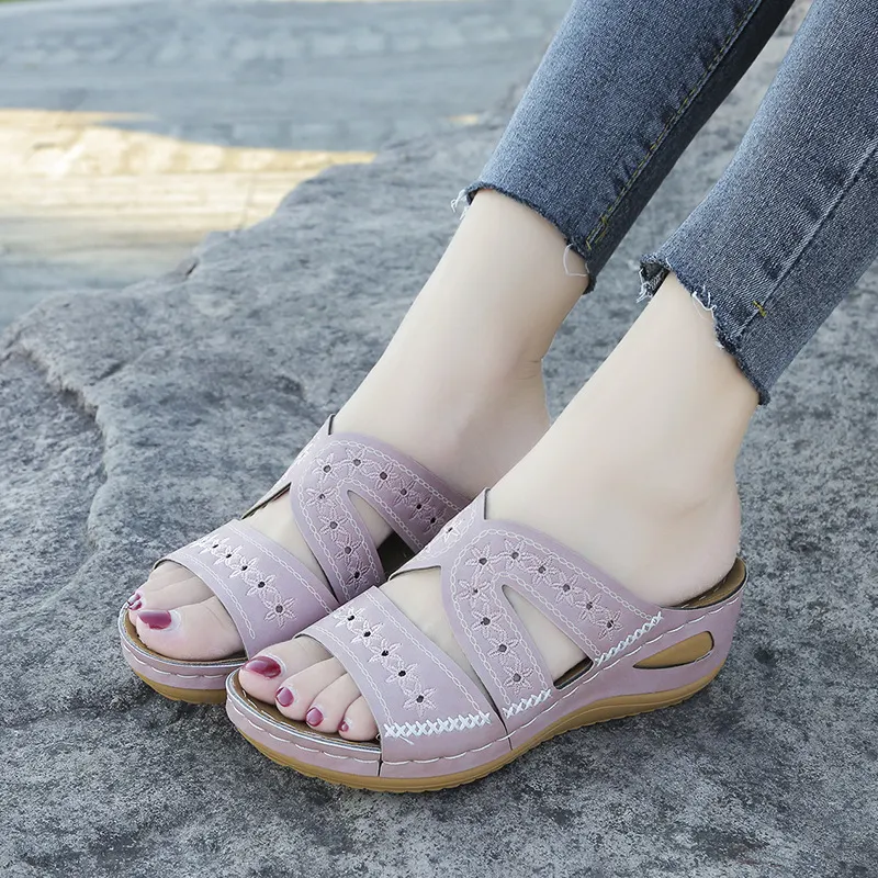 Breakj Breakj Women's Slope And Sewing Sandals Fish Mouth Thick Soles Hollow Large Size Shoes Embroidered Cool Slippers