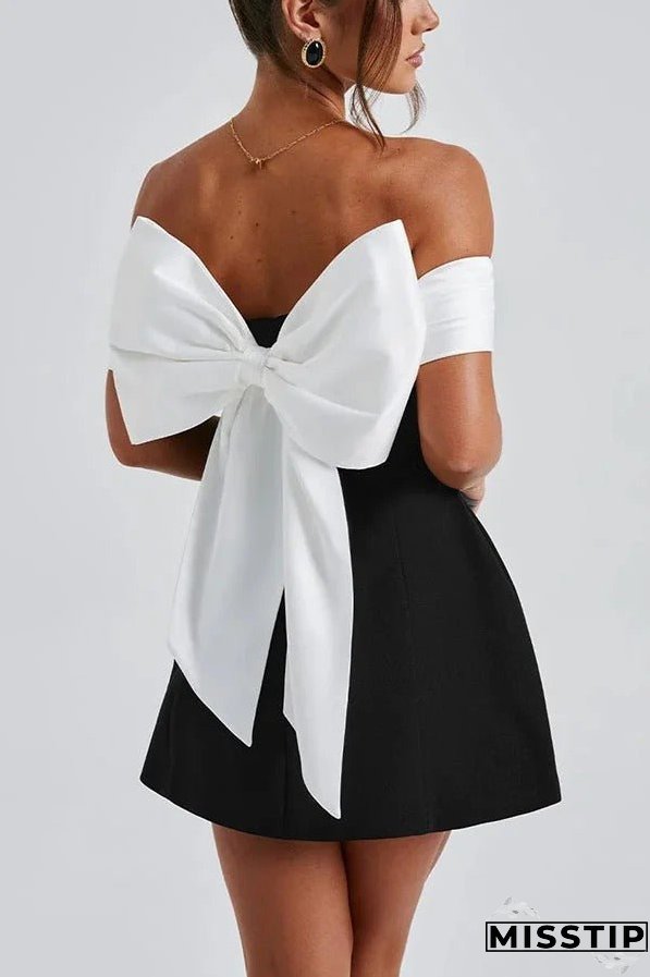 Sexy Contrast Off-the-shoulder Bow-embellished Mini Dress