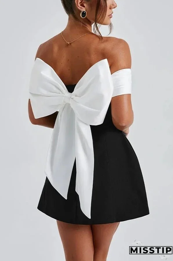 Sexy Contrast Off-the-shoulder Bow-embellished Mini Dress