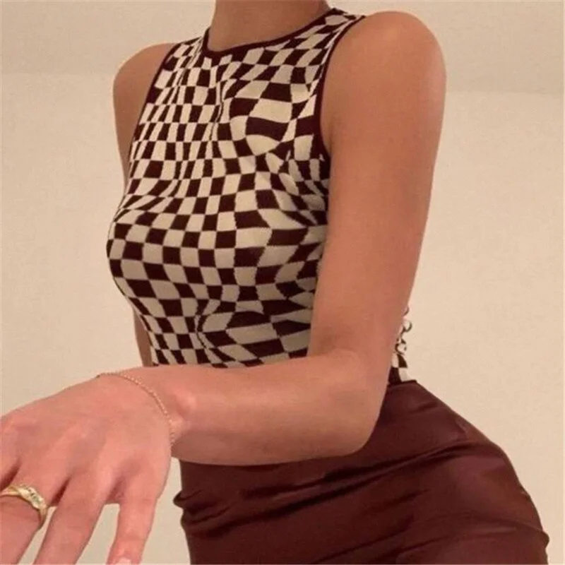Women Summer Checked Crop Top Female Sleeveless Knitted Vest Plaid Printed Y2K Tank Top Streetwear Fashion Aesthetic Cute Shirts