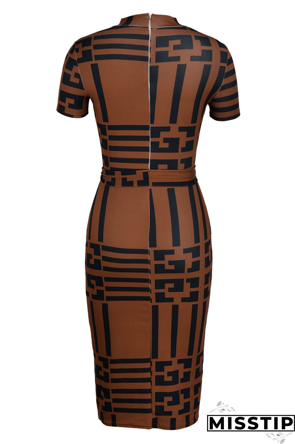 Brown Fashion Casual Print With Belt Turtleneck Short Sleeve Dress Dresses