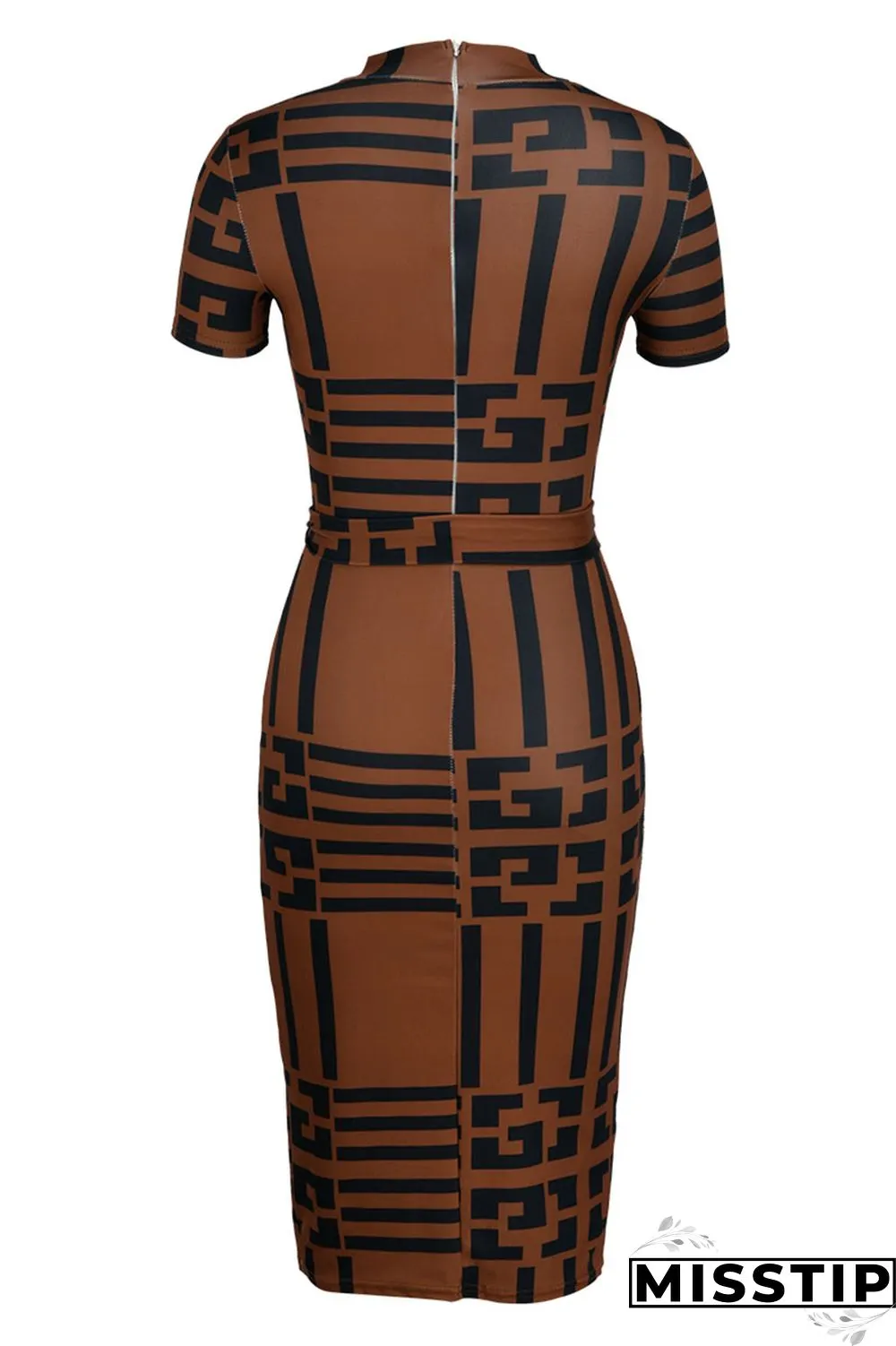 Brown Fashion Casual Print With Belt Turtleneck Short Sleeve Dress Dresses