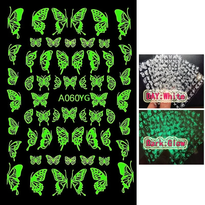 Luminous Fire Nail Art Stickers Glow In Dark Nail Decals Moon Butterfly Transfer Manicure Design Night Light Stickers-Nail Inspo