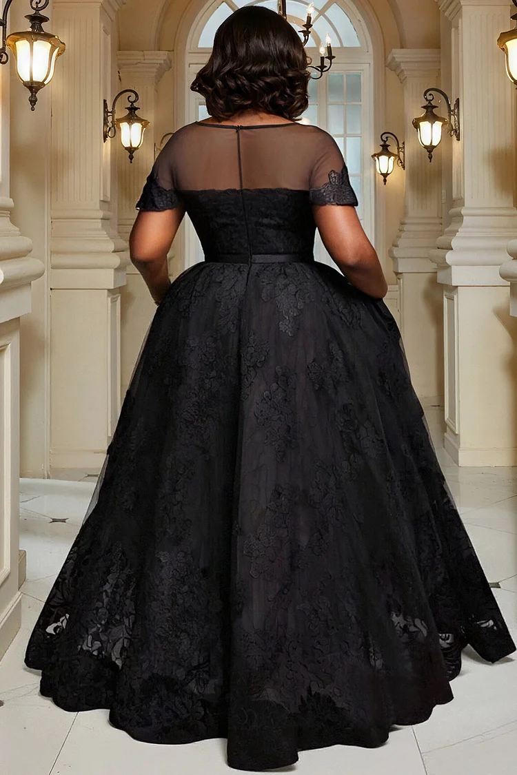 Xpluswear Design Plus Size Mother Of The Bride Black Round Neck Short Sleeve High Low Hem Elegant See Through Lace Midi Dresses [Pre-Order]