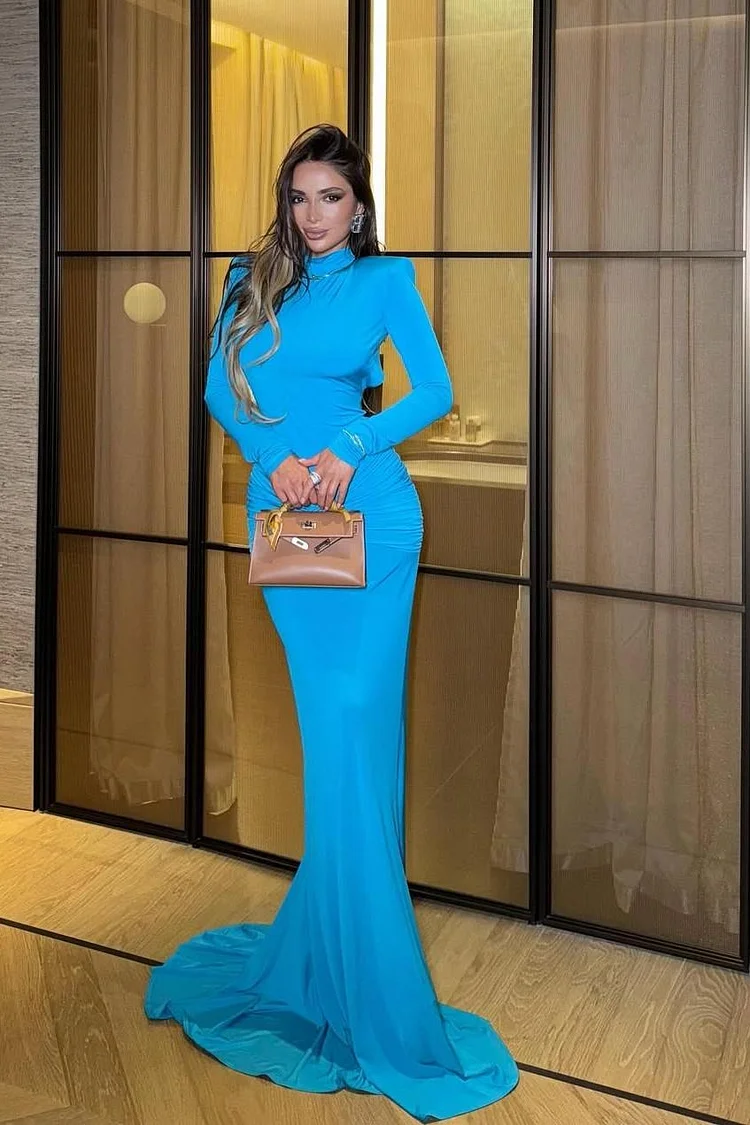 Hellodresses High Neck Long Sleeves Open Back Mermaid Long Prom Dress With Pleated 
