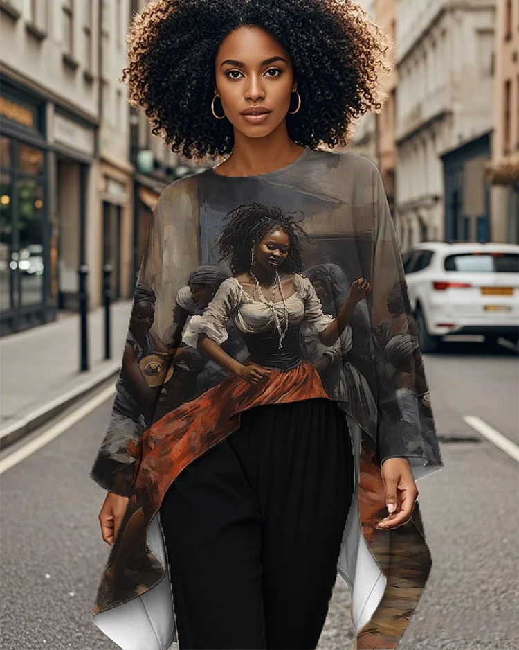 Black Art Oil Painting Irregular Hem Print Top