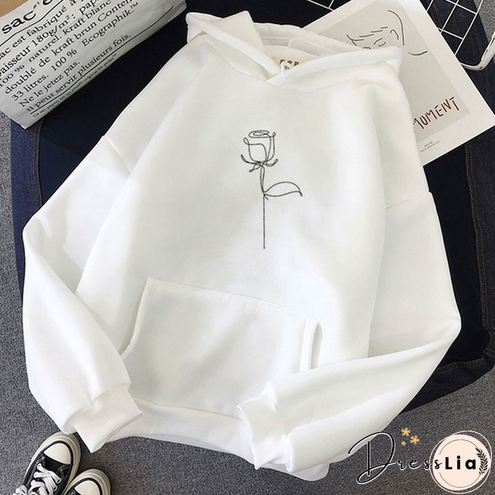 New Fashion Ladies Girls Cute Rose Flower Printed Hoodies Thin Fleece Long Sleeve Casual Pullovers Women Hooded Sweatshirts