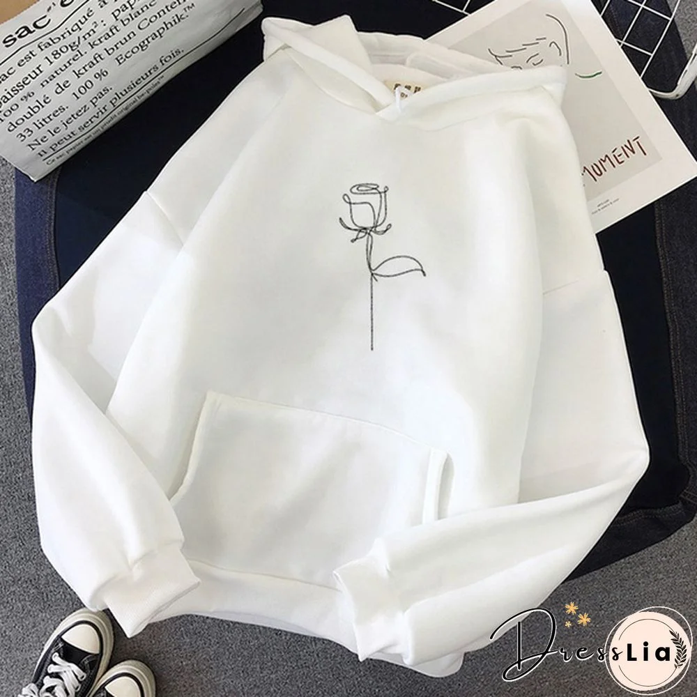 New Fashion Ladies Girls Cute Rose Flower Printed Hoodies Thin Fleece Long Sleeve Casual Pullovers Women Hooded Sweatshirts