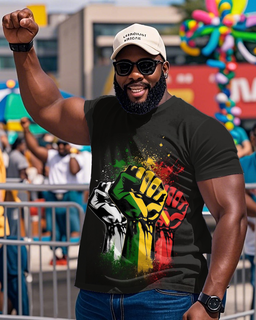 Men's Plus Size Black Power Print Short Sleeve T-Shirt