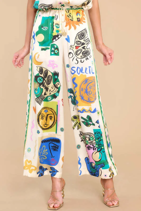 Casual Loose Ivory Print Pants