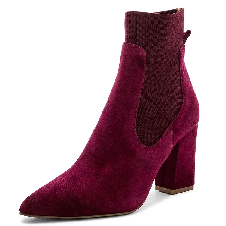 Burgundy Vegan Suede Chelsea Boots Chunky Heel Ankle Boots |FSJ Shoes