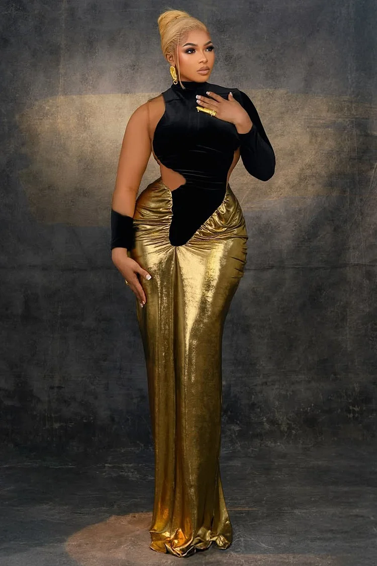 Asymmetric Cutout Patchwork Metallic Party Maxi Dresses-Black [Pre Order]