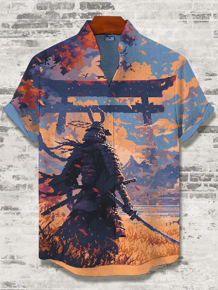 Men's Samurai Pixel Art Print Casual Shirt