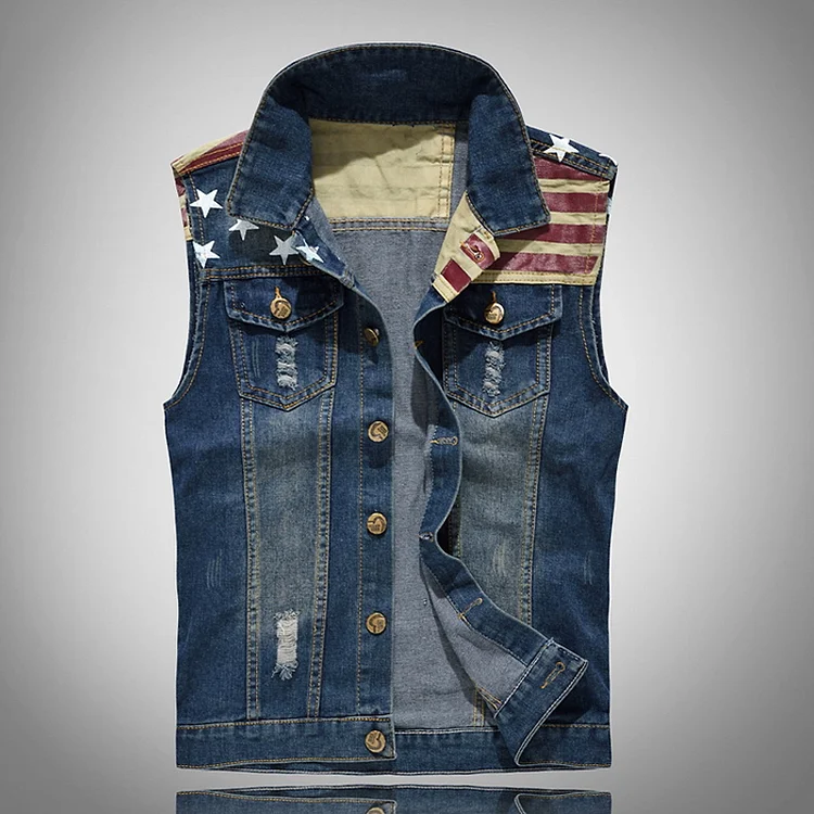 Fashion Motorcycle Splicing Ripped Denim Vest