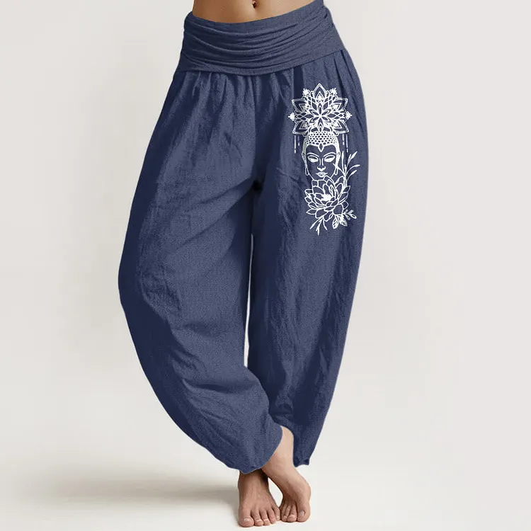 Cotton Simple Buddha Image Lotus Pattern Women's Elastic Waist Harem Pants